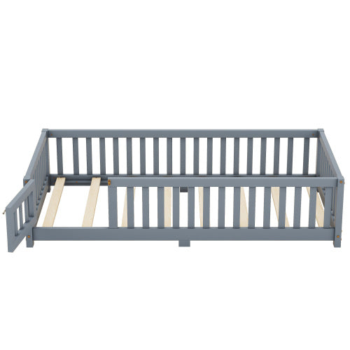 Twin Size Bed Floor Bed With Safety Guardrails And Door For Kids, Gray