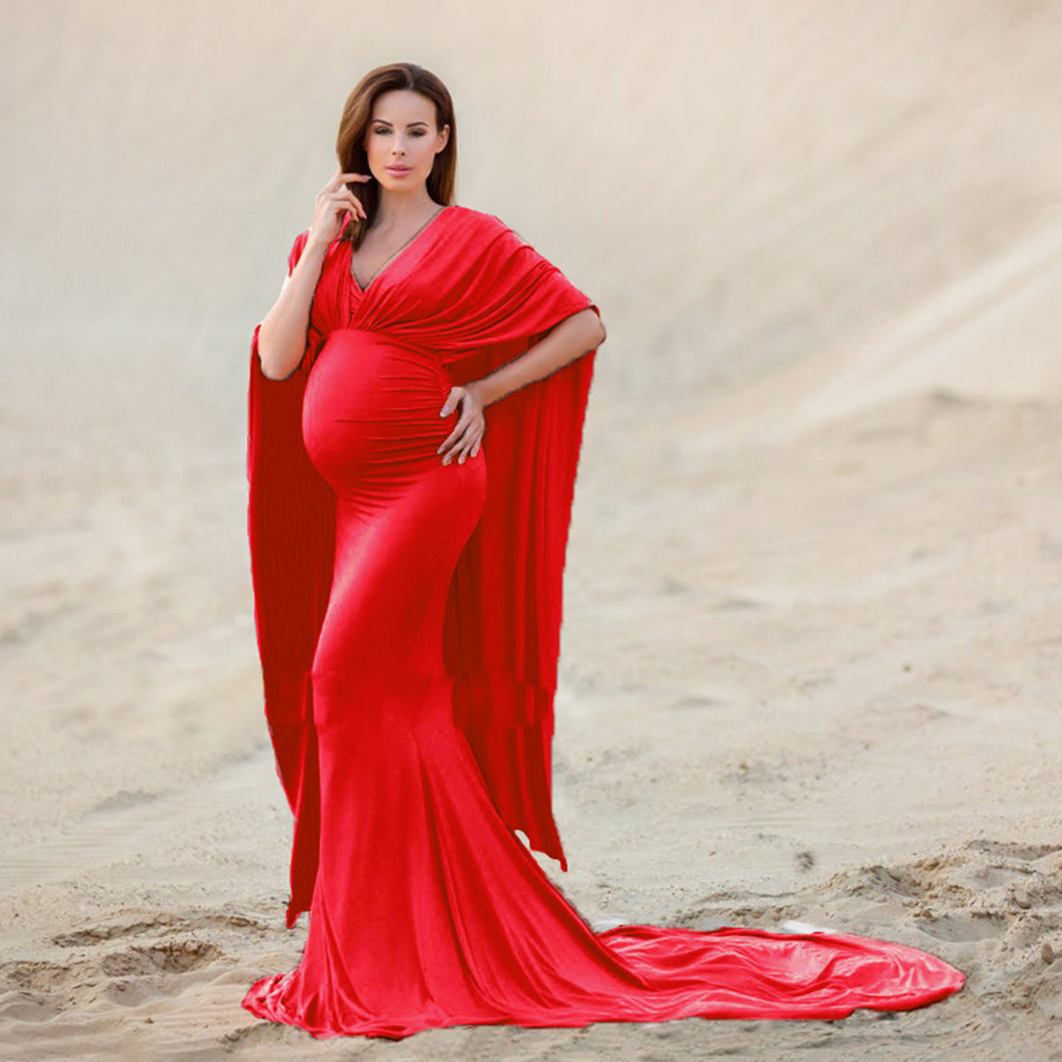 Off-neck Cape Mop Dress Pregnant Women Photo Shoot Long Dress