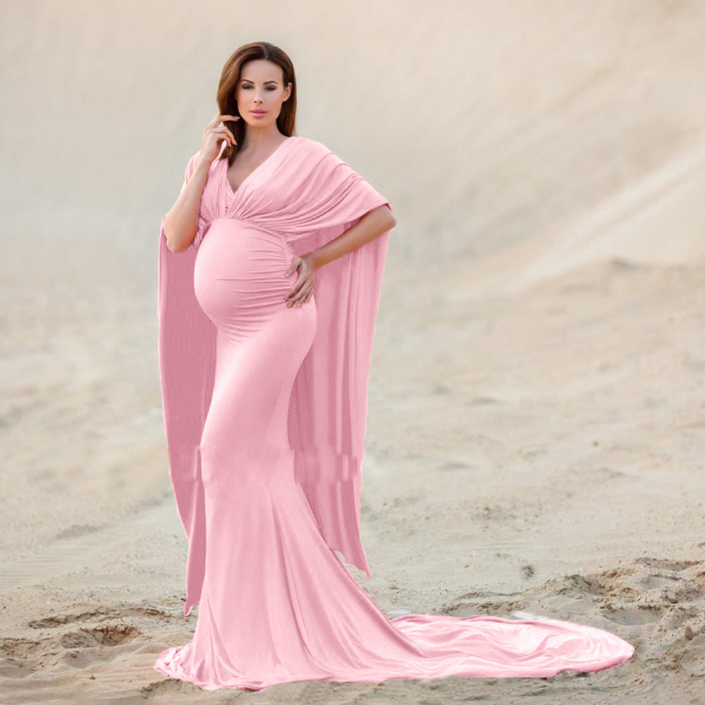 Off-neck Cape Mop Dress Pregnant Women Photo Shoot Long Dress