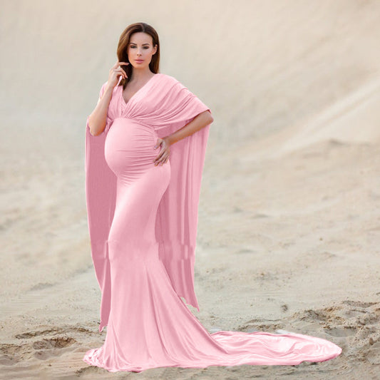 Off-neck Cape Mop Dress Pregnant Women Photo Shoot Long Dress