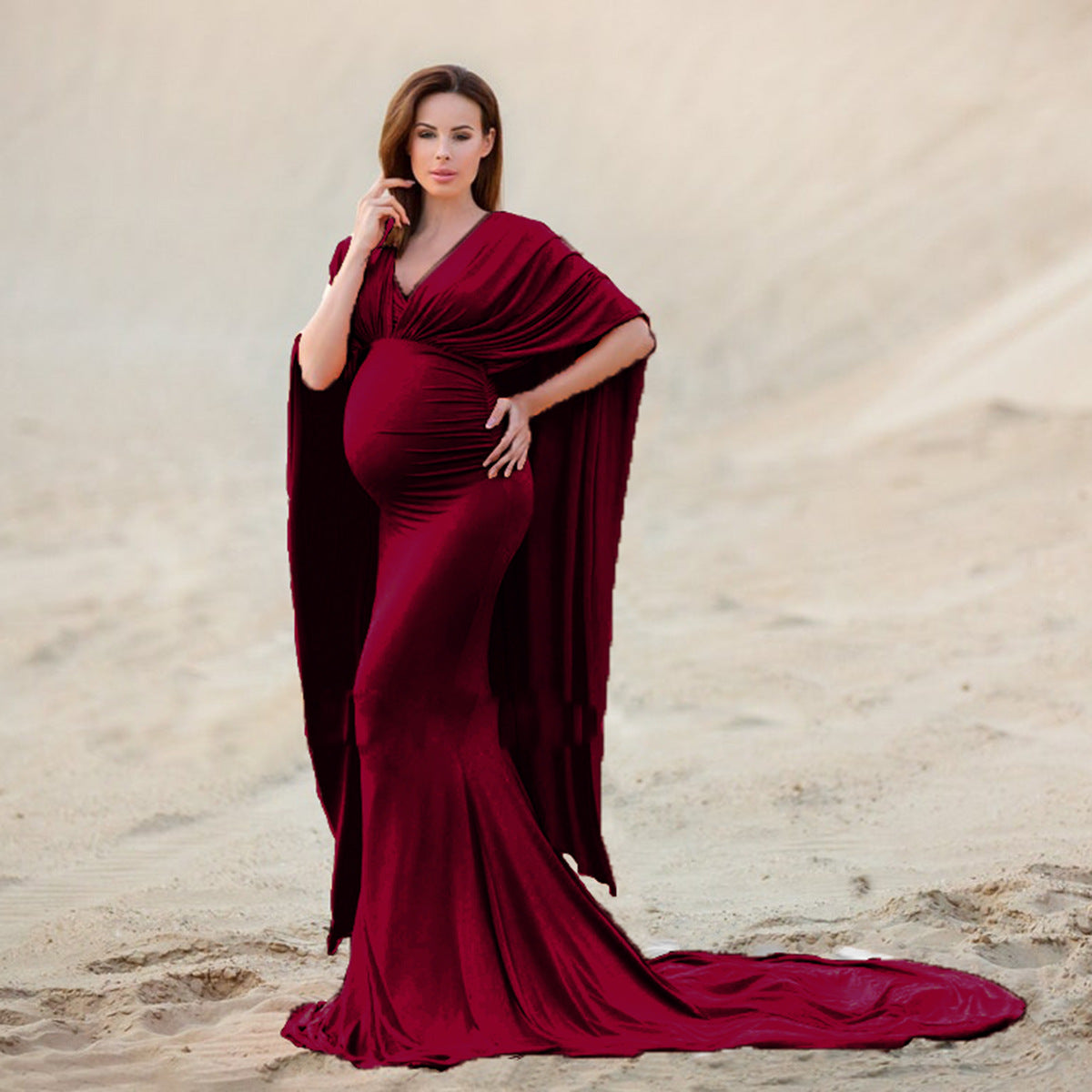 Off-neck Cape Mop Dress Pregnant Women Photo Shoot Long Dress