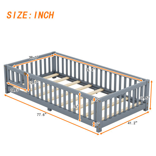 Twin Size Bed Floor Bed With Safety Guardrails And Door For Kids, Gray