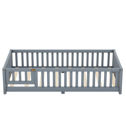 Twin Size Bed Floor Bed With Safety Guardrails And Door For Kids, Gray